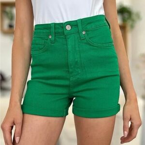 Judy Blue Green With Envy High-Rise Tummy Control Green Denim Shorts Size Small